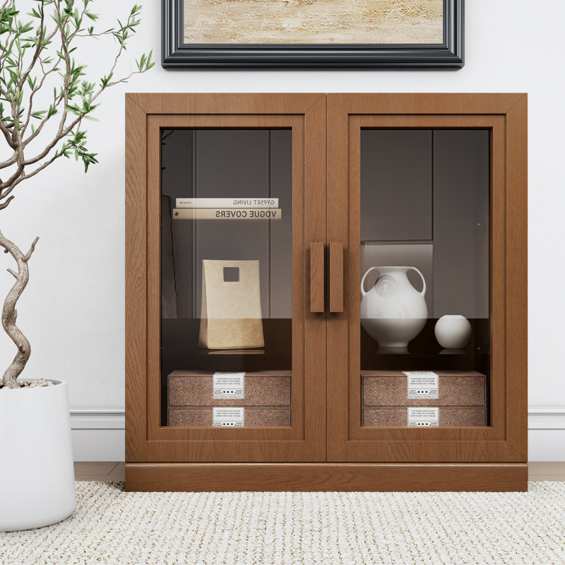 Vitrine Mance avec tablettes en verre trempé, Noyer