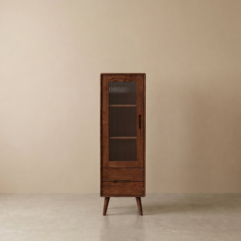 47"H Solid Oak Mid-Century Modern Accent Cabinets with 2 Drawers, Fluted Glass Door, 47"H, Brown Oak