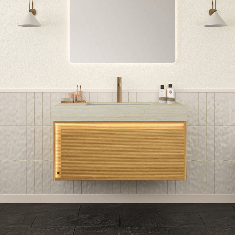 Meuble-lavabo et lavabo de salle de bain NYAH 36 po, armoire de rangement flottante en contreplaqué ultra-mince, tiroir, capteur de lumière, plateau en pierre frittée à motif de travertin et lavabo encastré en céramique, pré-assemblé, grain de bois clair