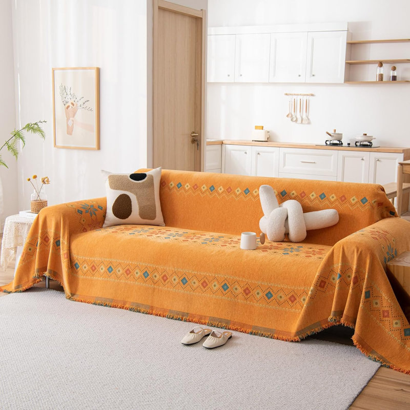 Housse de canapé orange en jacquard géométrique pour canapés pour chien, H 1 po x l 134 po x P 71 po, Jacquard orange