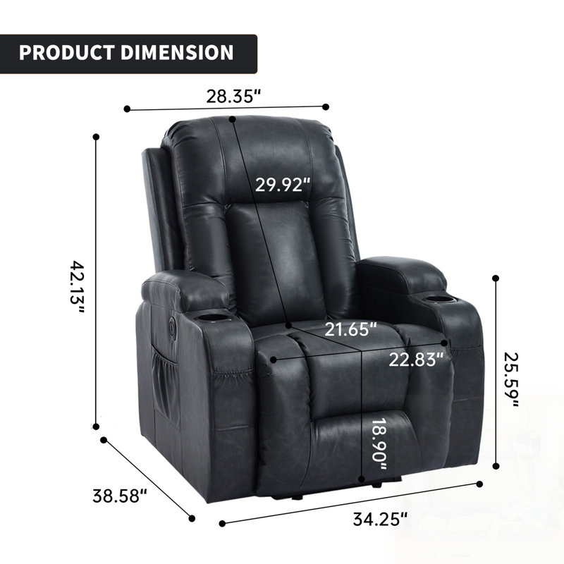 Fauteuil inclinable en polyuréthane PU à position infinie avec massage par vibration à 8 points, chauffage lombaire et recharge USB pour un confort accru pour les personnes âgées