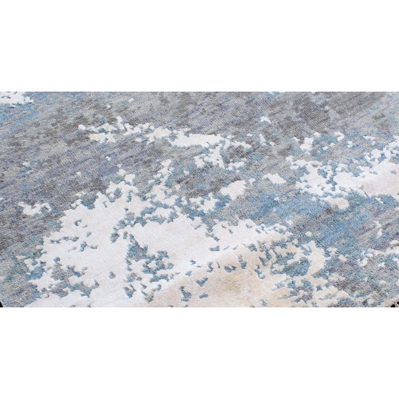Tapis gris / bleu / ivoire en laine noué à la main Abstract, Rectangle 8 pi x 10 pi