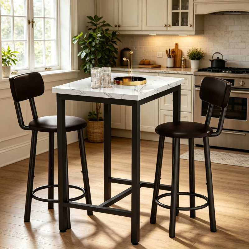 Ensemble de salle à manger industriel haut, table de pub compacte 3 pièces avec 2 tabourets confortables, options de marbre et de bois rustique pour studio et café