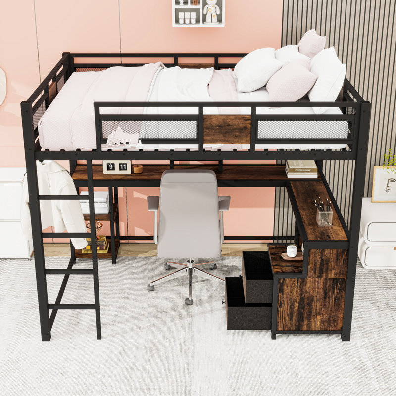Queen Two Drawers Metal Loft Bed With Desk And Ladder