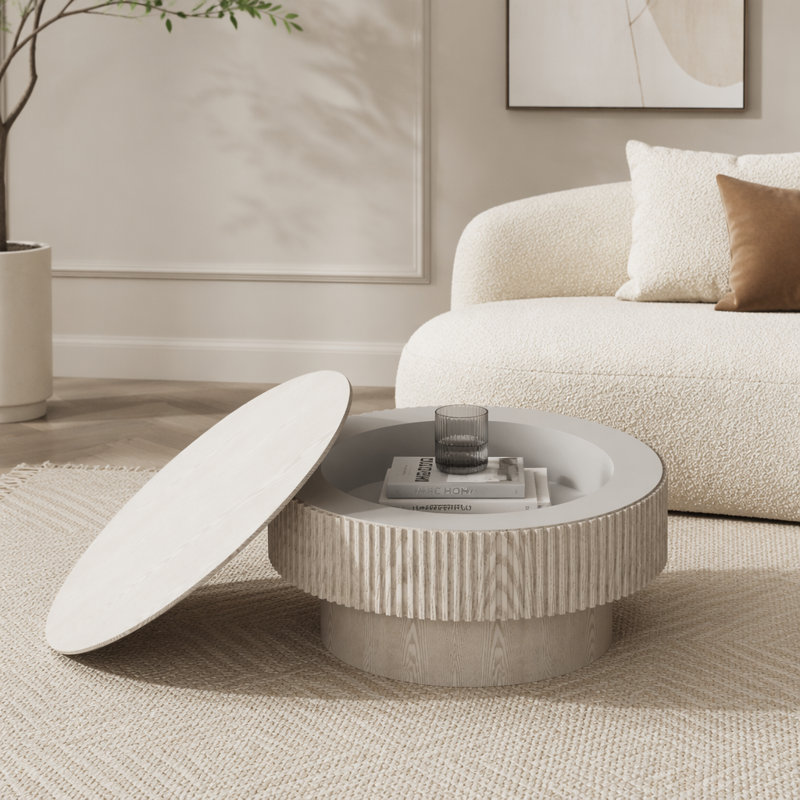 Table basse 31,5 "ronde avec rangement Table d'appoint moderne en placage de bois massif, Blanc rétro