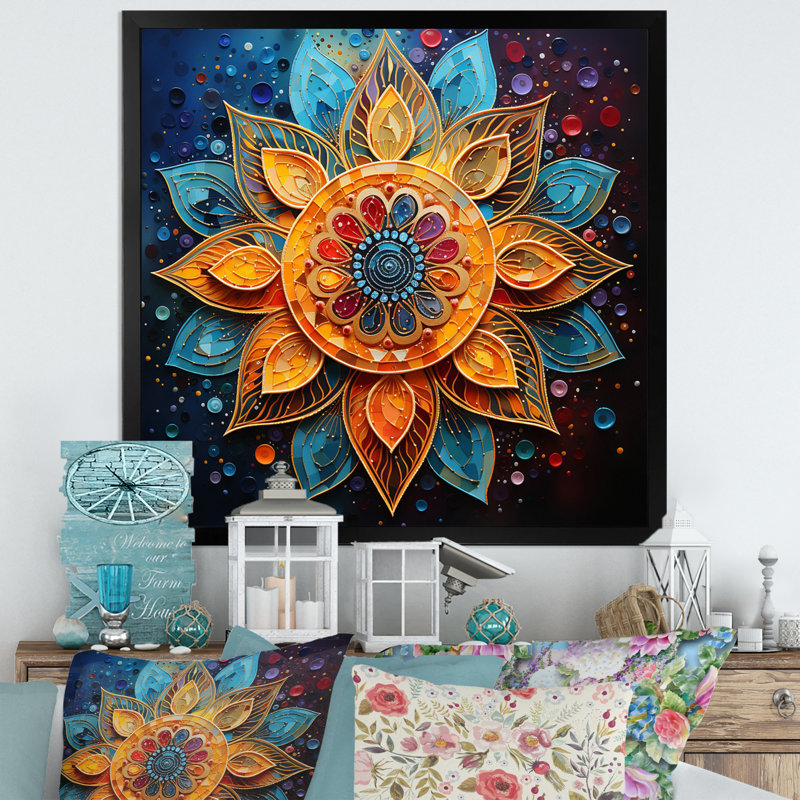 Mandala yoga sarcelle doré pointillisme, Noir, noir, noir, noir, H 30 po x l 30 po x P 1 po