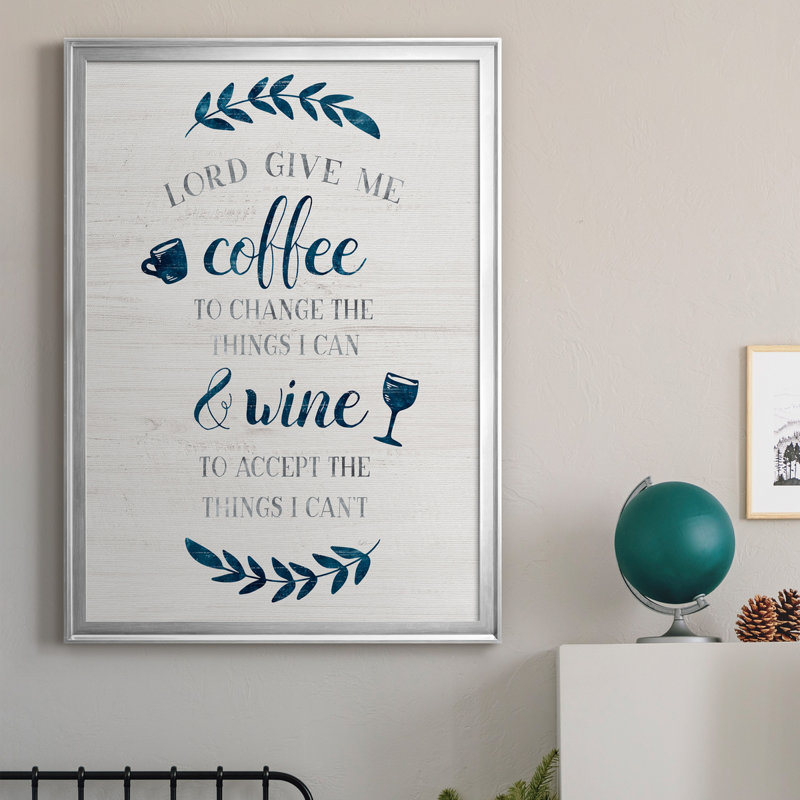 «Coffee and Wine», art textuel sur toile, Cadre argenté, H 30,5 po x l 42,5 po x P 1,5 po