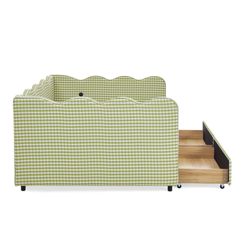 Full Size Cozy Gingham Daybed with Two Storage Drawers, with USB Port and Adorable Wave Shaped, Linen Fabric, Green