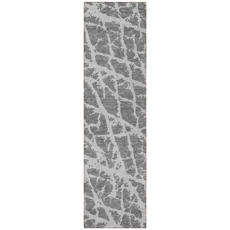 8' Runner Charcoal Abstract Washable Non Skid Indoor Outdoor Runner Rug