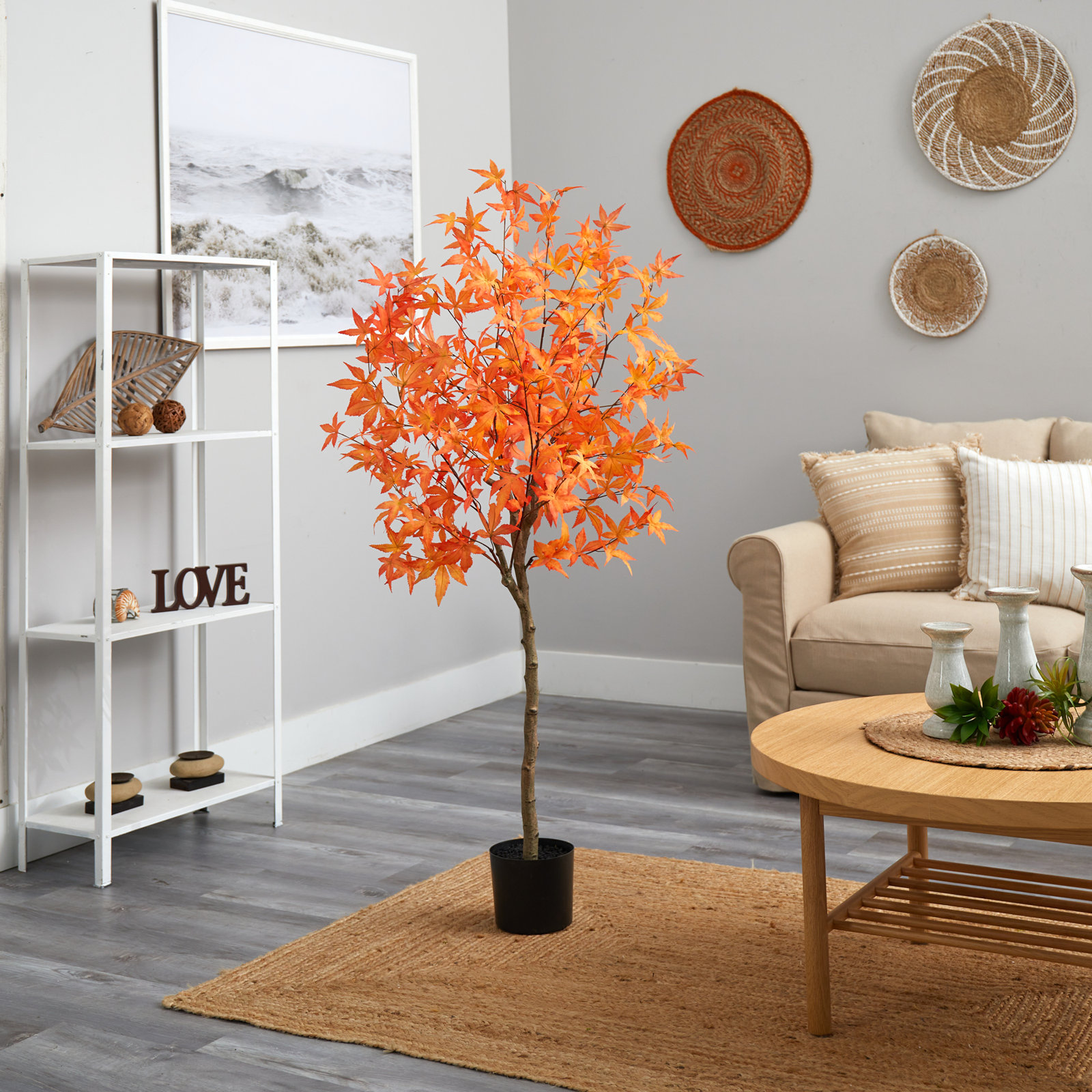 Faux Maple Tree in Pot Liner, 60" H x 19" W x 12" D, Orange