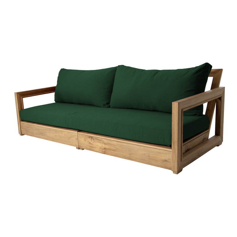Crelake 107'' Wide Rectangular Teak Patio Sofa with Sunbrella® Cushions, Forrest Green Velvet