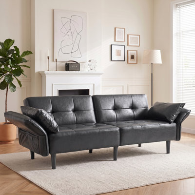Canapé-lit de 83,8 po en similicuir convertible, canapé-lit futon en cuir de style Mid-Century avec dossier réglable, accoudoirs et pochette de rangement