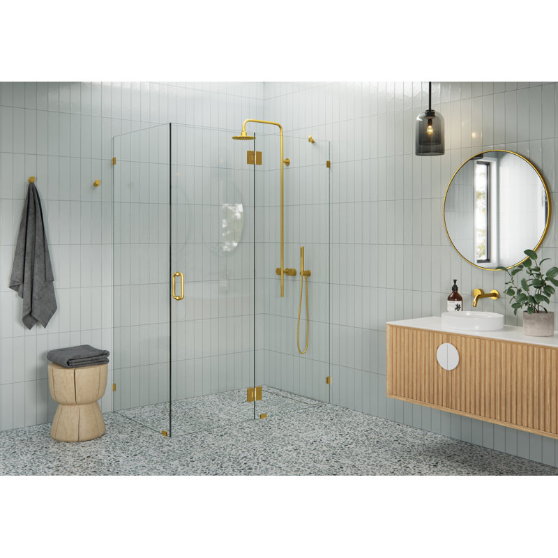 Cabine de douche à charnière en verre sans cadre à 90 degrés Halo 55 po x 32 po x 78 po Halo, Laiton satiné