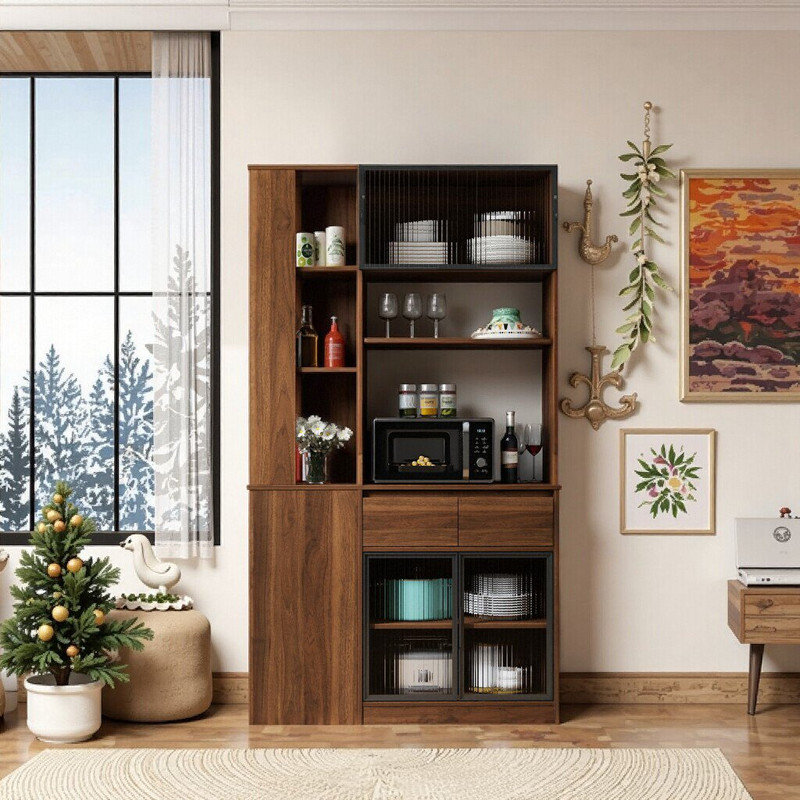 Armoire de rangement haute multifonctionnelle avec 5 tiroirs et portes en verre, Noyer