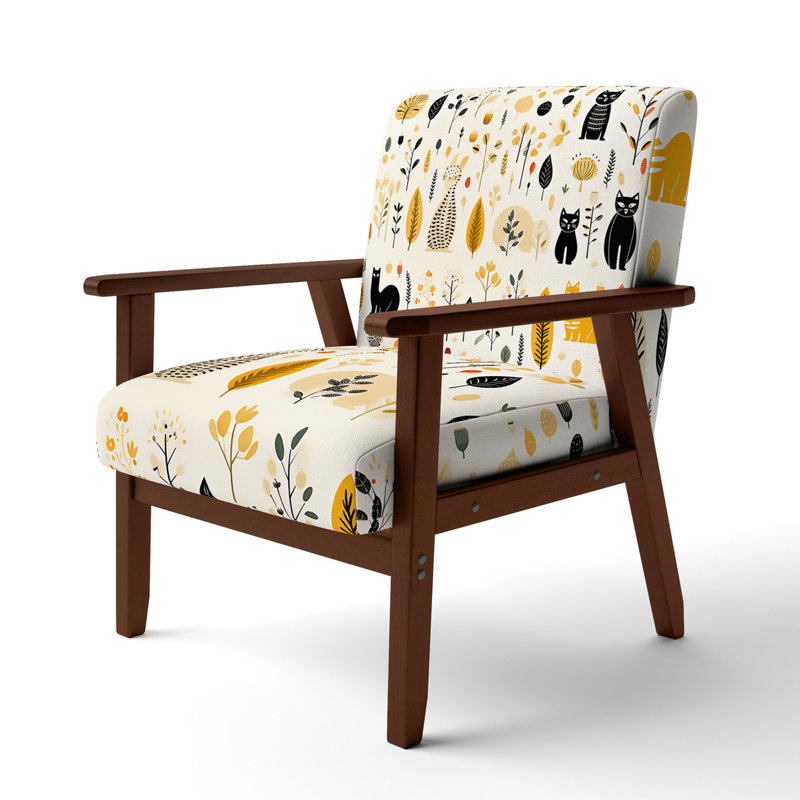 Minimalist Forest Animal Pattern - Upholstered Casual Accent Arm Chair, Yellow/White/Black, Brown