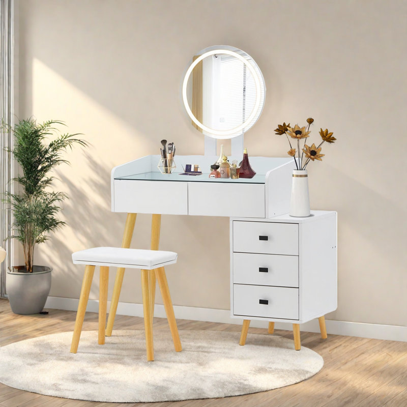 Dressing Table With LED Lights Glass Top Dressing Table With Extendable Side Table 5 Drawers Dressing Table With Mirror And Stool For Bedroom