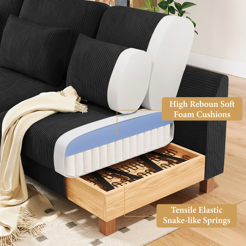 Modern 100" Corduroy Armless Modular Sofa With A Chaise Longue, Black Corduroy