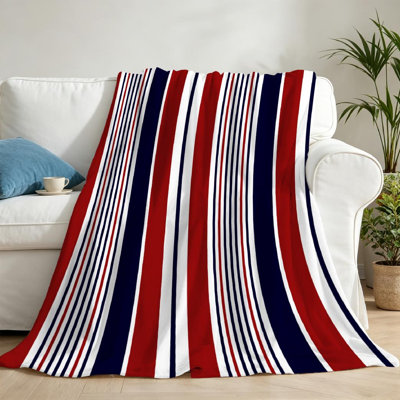 Blue Ultra Soft Flannel Fleece Throw Blanket,Stripe with Navy Red and Single-Sided Print