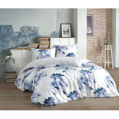 Ensemble de housse de couette 100% coton Luxury Ranforce Super King, 102,4 x 86,6 pouces | Comprend 2 taies d'oreiller de 23,6 po x 23,6 po | Lavable à la machine, 140 fils, conception élégante en blanc et bleu foncé, fermeture à boutons
