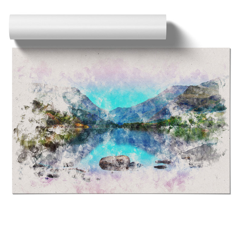 Padarn Lake in Snowdonia Wales Watercolour - Frameless Print, 59cm H x 84cm W x 0.1cm D