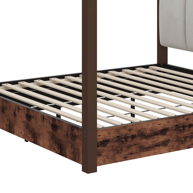 Lit plateforme avec auvent, tête de lit rembourrée et structure en métal, King, Brown