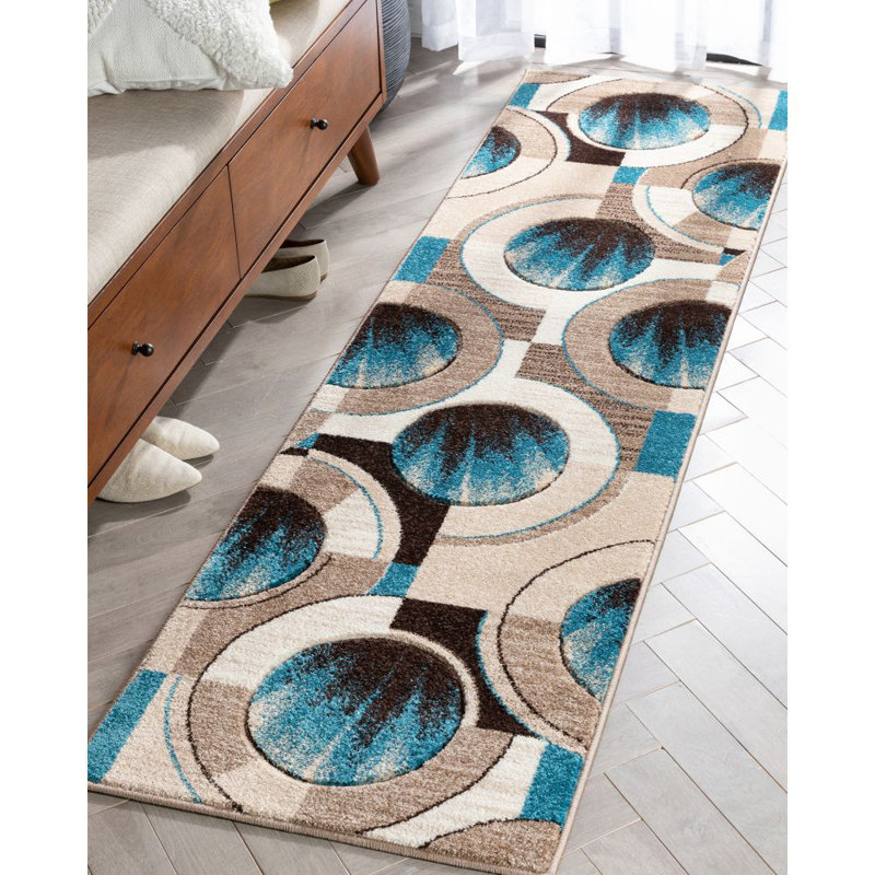Tapis à motif géométrique, Tapis de couloir de 2 pi x 7 pi, Bleu