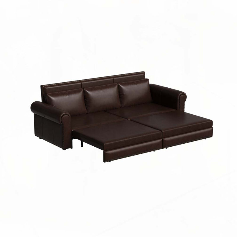 Faux Leather Convertible Sleeper Sofa with Nailhead Trim & Rolled Arm,Pull Out Sofa Bed, Dark Brown