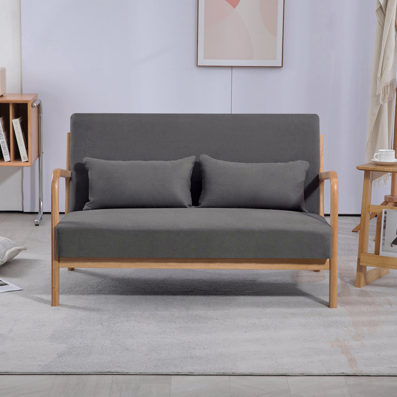 Chaise de loisir avec accoudoirs et pieds en bois massif, canapé d'appoint de style Mid-Century moderne, 2 places, Gris