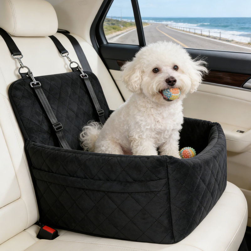 Lit d'appoint pour chien pour animaux de compagnie de taille moyenne de moins de 35 lb, lavable avec poches de rangement et ceinture de sécurité - noir