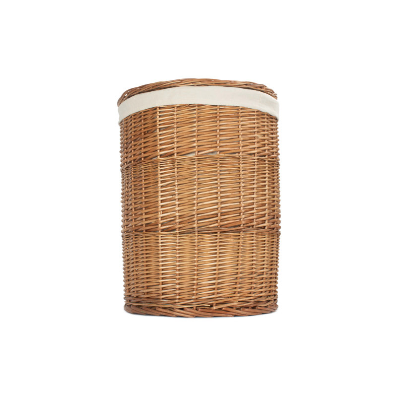 Wicker Round Laundry Hamper Basket with Lining, Light Steamed/White, 60cm H x 46cm W x 46cm D