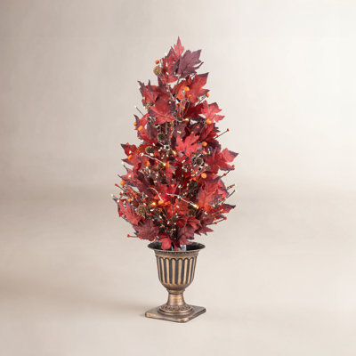 36 in. Lighted Burgundy Leaves Potted Porch Tree