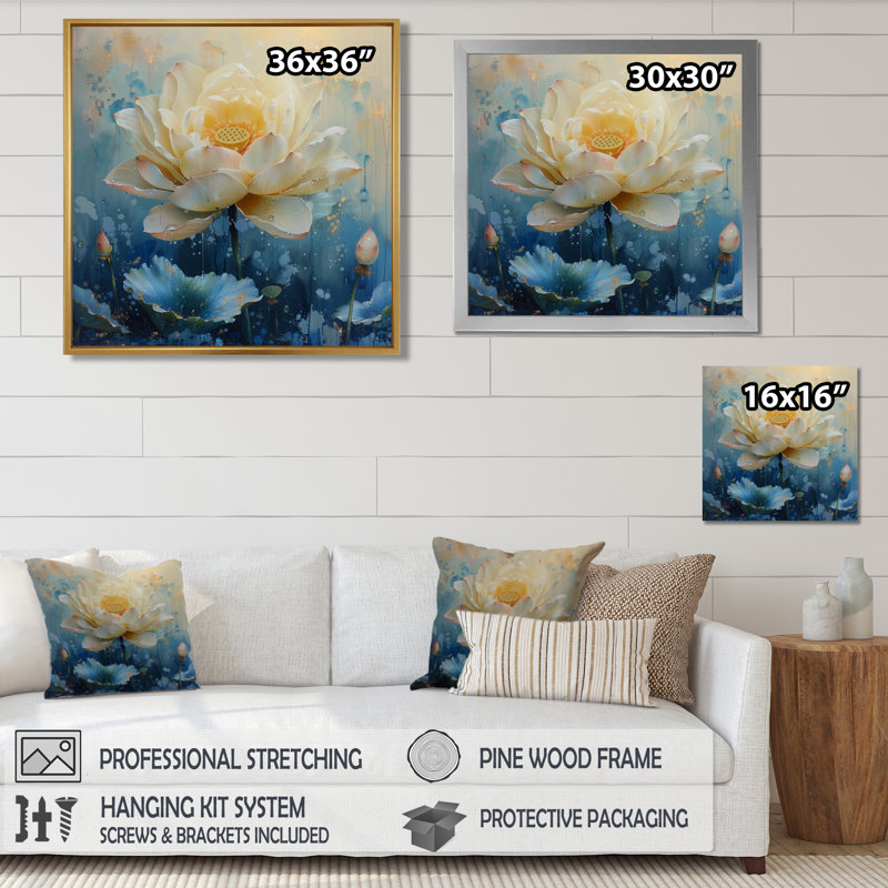 Art mural blanc et bleu lotus des rêves III - Lotus, Cadre flottant noir, H 30 po x l 30 po