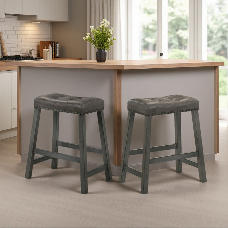 Set Of 2 Rustic Counter Stools, 25-Inch Backless Wooden Farmhouse Barstools, Gray, Antique Gray