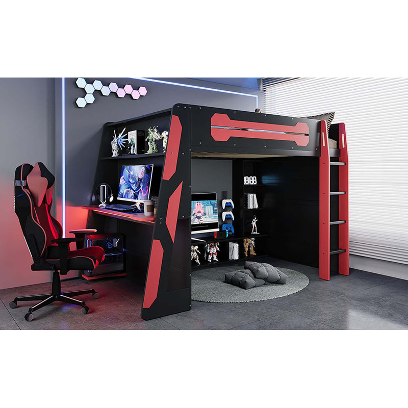 Lit mezzanine double en bois avec bureau, tablettes multiples et lumière RVB, Rouge / Noir