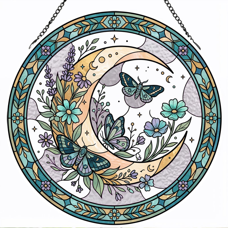 Vitrail de lune vitrail papillons ， 7,8H, H 7,8 po
