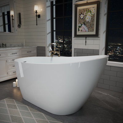 Baignoire autoportante en acrylique, élégante baignoire profonde avec bonde escamotable et trop-plein intégré, baignoire autoportante contemporaine pour le spa de la salle de bain ou la maison, blanc brillant