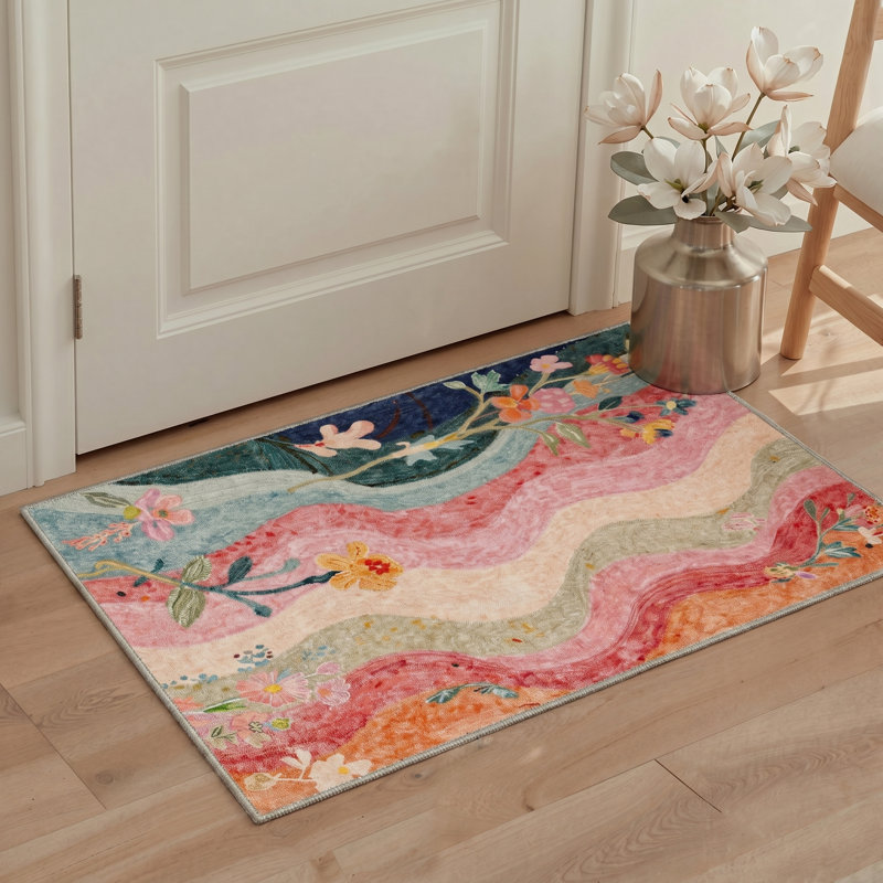 Tapis d'intérieur beige / rose / vert / bleu lavable à la machine avec envers antidérapant Verdalia, Rectangle 9' x 12'