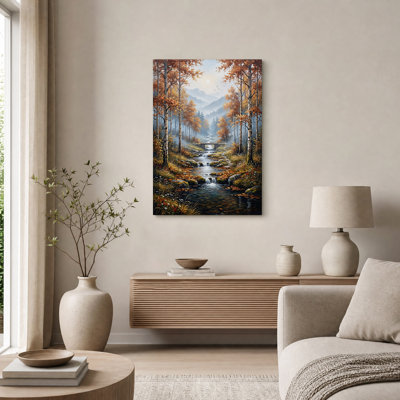 Tableau sur toile représentant un ruisseau dans une forêt de bouleaux en automne avec un pont de pierre