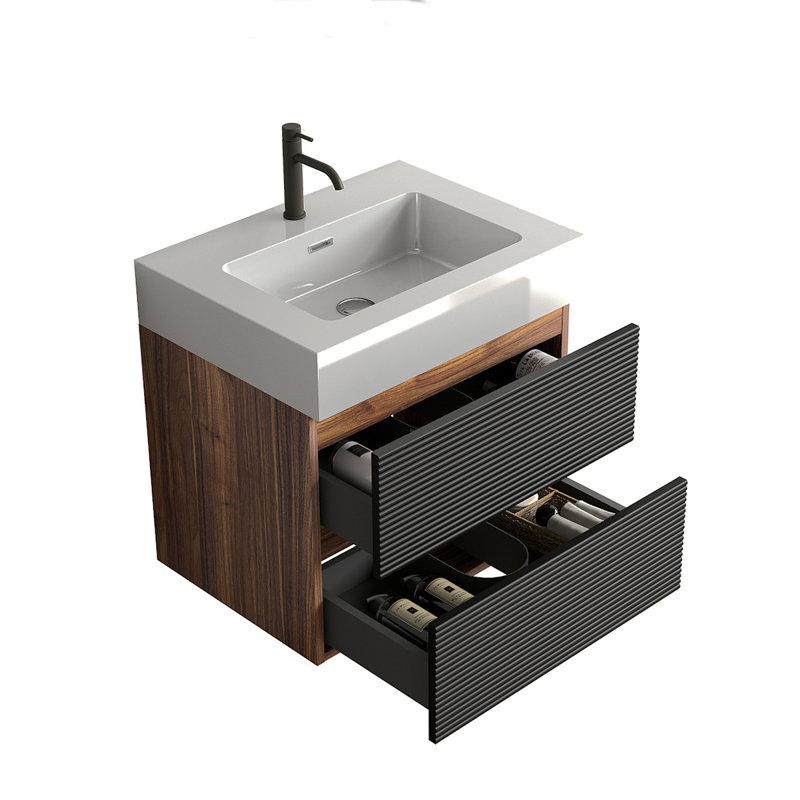 Meuble-lavabo 24 po avec lavabo à quartz d'ingénierie et tiroirs noirs doux, meuble-lavabo mural flottant pour salle de bain moderne, lavabo une pièce, KD