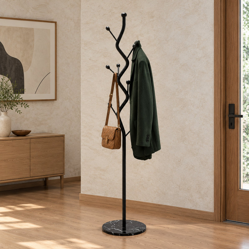 Portemanteau autoportant noir en forme d'arbre avec base en marbre