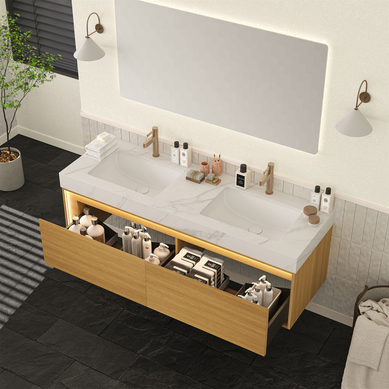 Meuble-lavabo de 60 po et lavabo, armoire de rangement flottante ultra-mince en contreplaqué, tiroirs et capteur de lumière, plateau en pierre frittée blanc de Carrare et 2 lavabos encastrés en céramique, pré-assemblé
