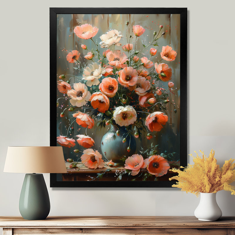 Rose, gris, coquelicots, fleurs, nature morte, charme III - coquelicots, art mural, H 20 po x l 12 po x P 1 po
