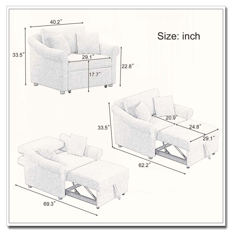 Fauteuil convertible Chenille 3 en 1 avec dossier réglable, Grey