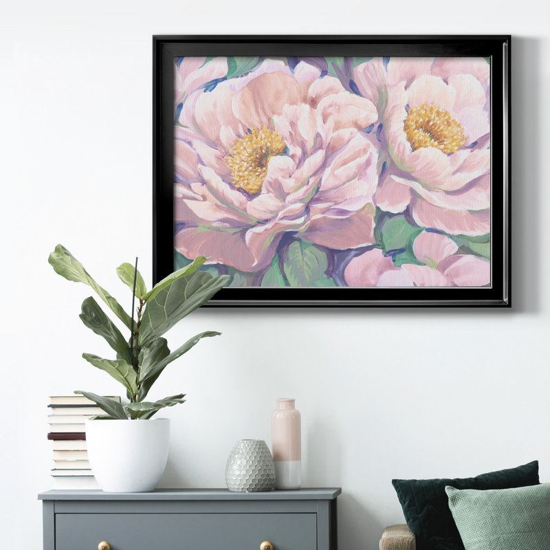 Pe pivoines en fleurs II - peinture sur toile encadrée, H 26,5 po x l 36,5 po x P 1 po, Cadre noir