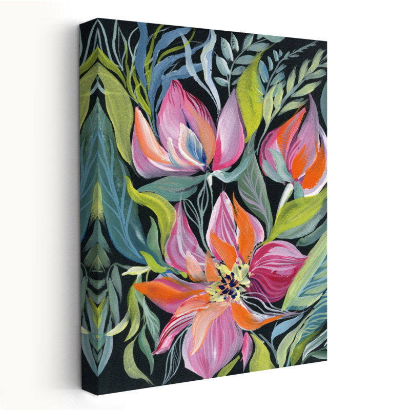 Midnight Delight contemporain noir floral vert orange, H 24 po x l 16 po
