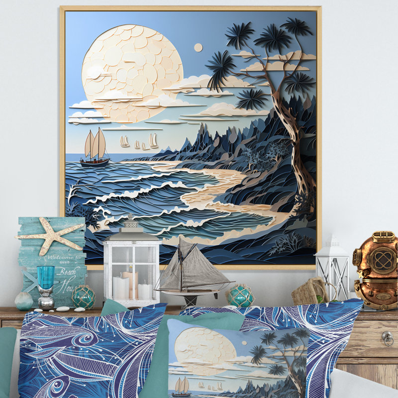 «Beach Boat Elegance Papercut I», reproduction sur toile, Cadre naturel flottant, H 16 po x l 16 po x P 1 po