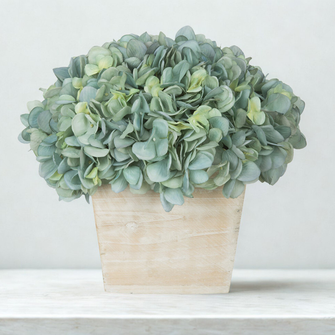 Synthetic Fabric Hydrangea Arrangement in Planter Ophelia & Co. Color: Teal