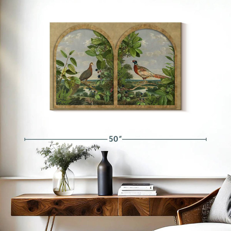 Fenêtre antique avec oiseaux nordiques, H 24 po x l 36 po