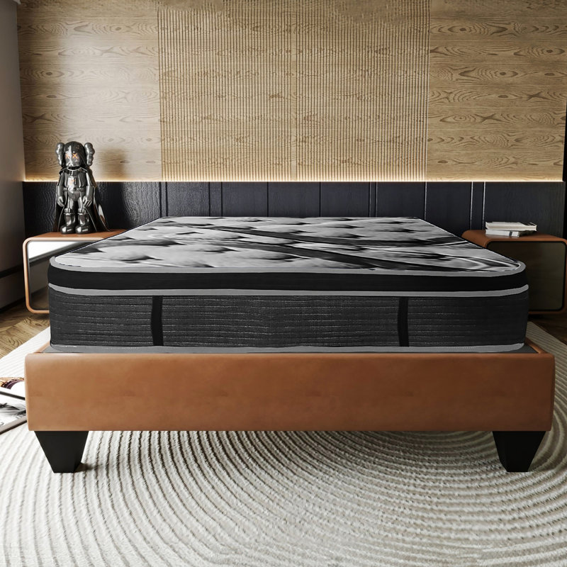 Matelas pour lit très grand 14 po dans une boîte, ressorts ensachés en mousse à mémoire de forme avec plateau européen, tissu tricoté gris et noir pour l'élégance, coussin de soutien à plusieurs couches, réduction, utilisation à haute densité à long terme, 5 zones
