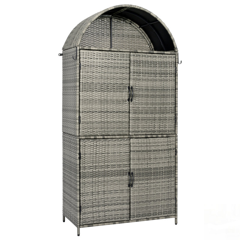 Grande armoire de rangement extérieure en osier arqué avec tablettes réglables et conception résistante aux intempéries, pour le jardin et la piscine
